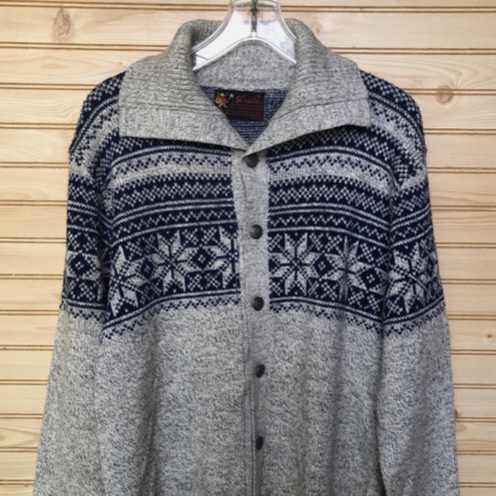 VTG Jersild Gray Orlon Acrylic Sportswear Fair Isles Button Down Cardigan Men L